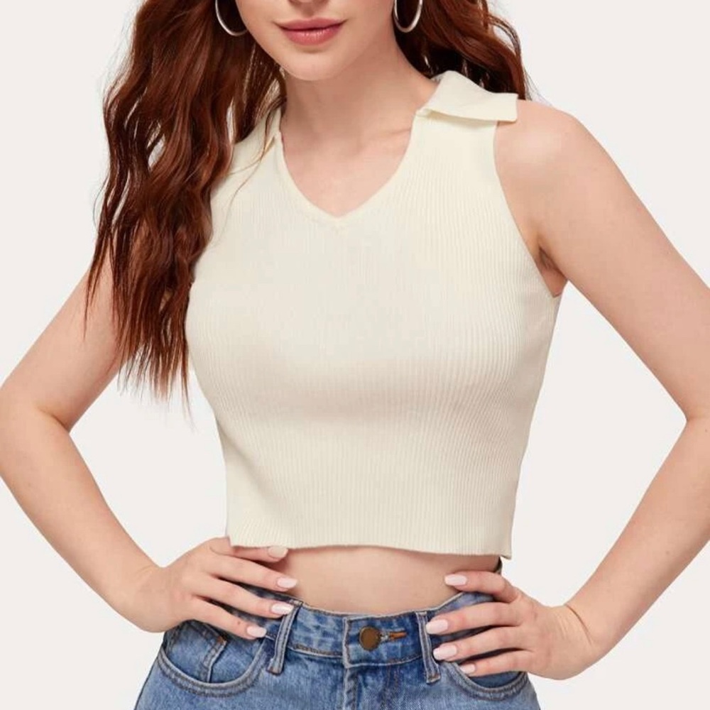 Collar crop knit tank top